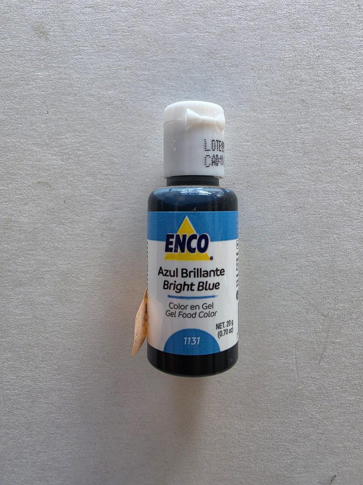 Colorante en gel azul brillante marca ENCO, frasco plástico con tapa