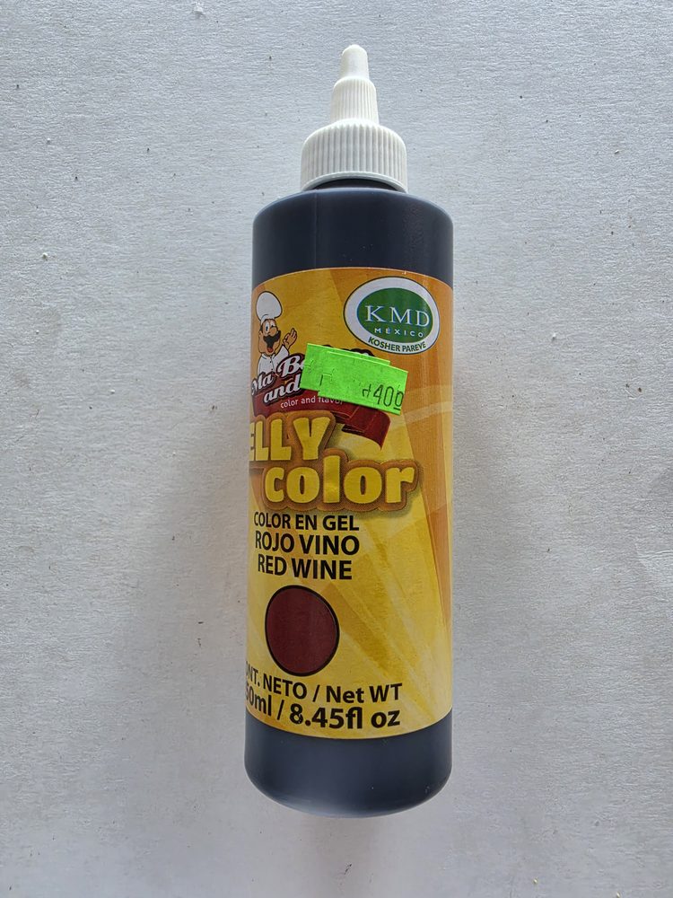 Botella de colorante en gel para alimentos color rojo vino, envase