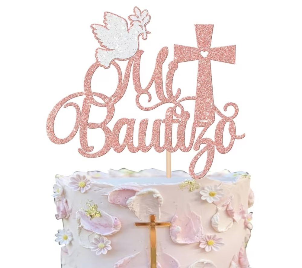 Topper para pastel 'Mi Bautizo' rosado oro con brillo, con cruz