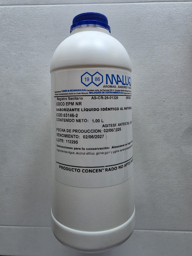Saborizante liquido de coco, botella plastica blanca de 1 litro